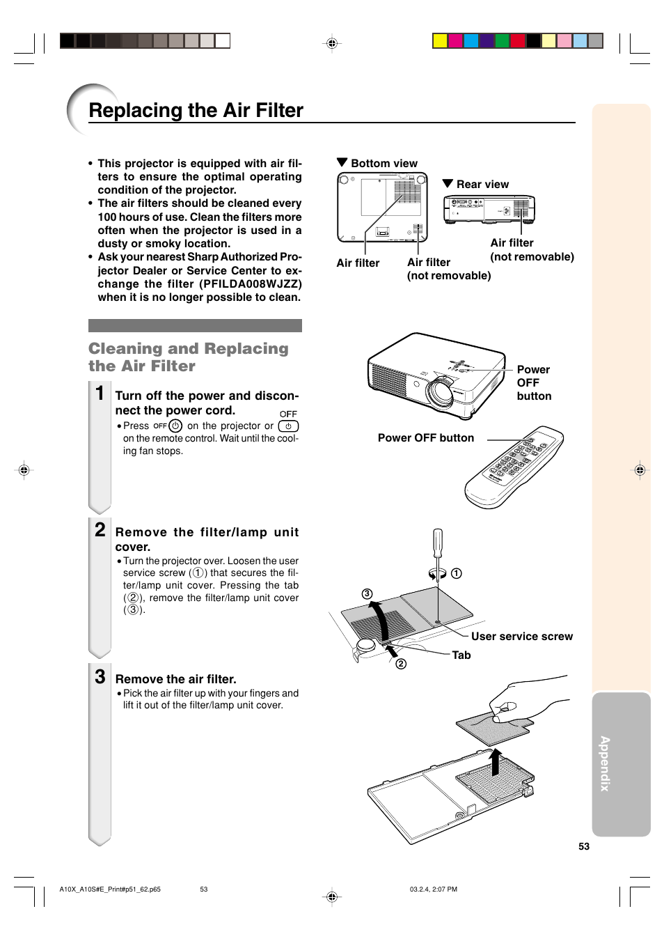 Replacing the air filter, Cleaning and replacing the air filter | Sharp PG-A10S User Manual | Page 57 / 103