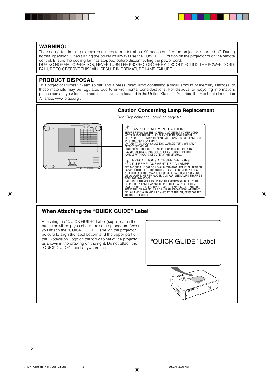 Quick guide” label, Warning, Product disposal | When attaching the “quick guide” label, Caution concerning lamp replacement | Sharp PG-A10S User Manual | Page 6 / 103