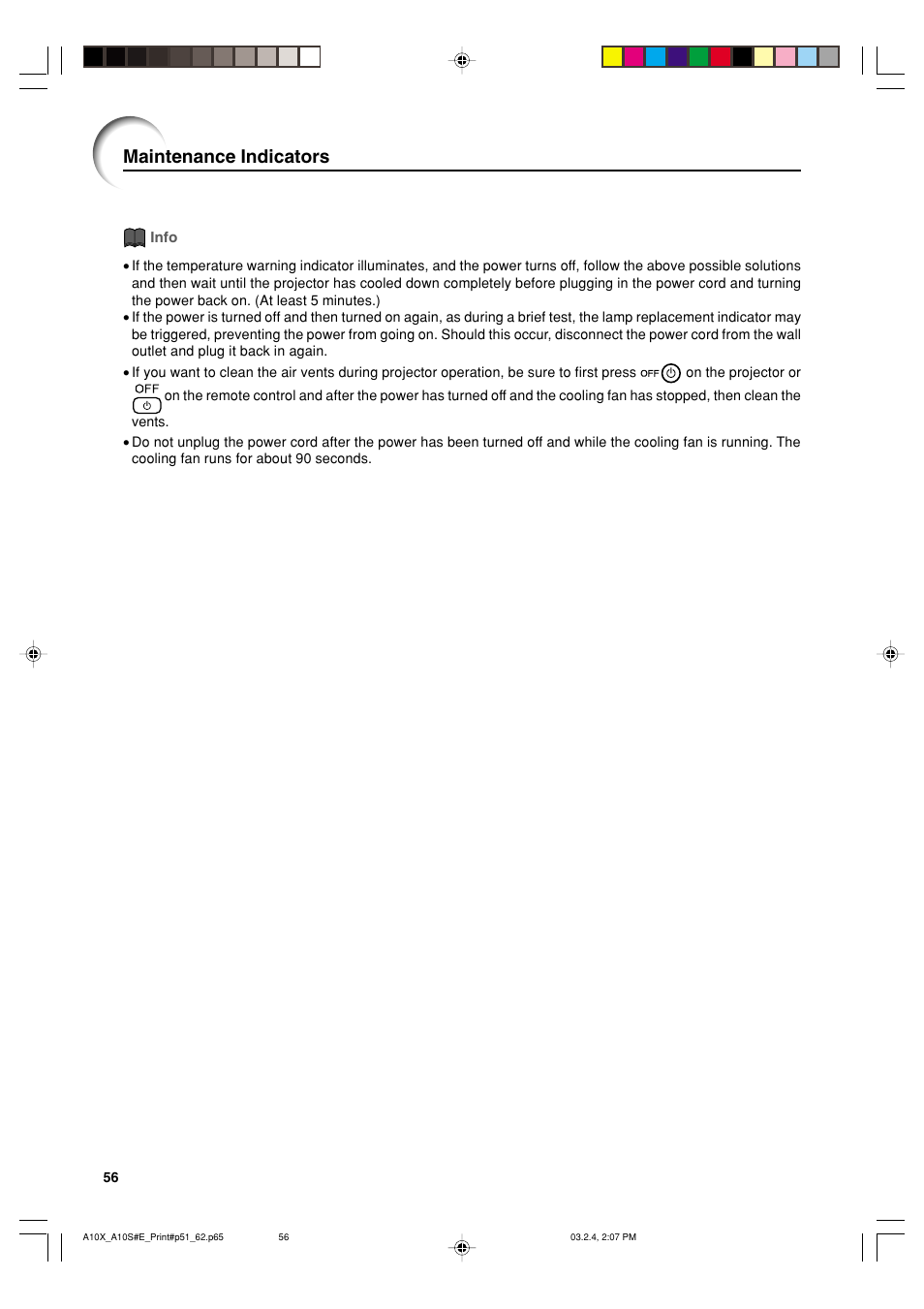 Maintenance indicators | Sharp PG-A10S User Manual | Page 60 / 103