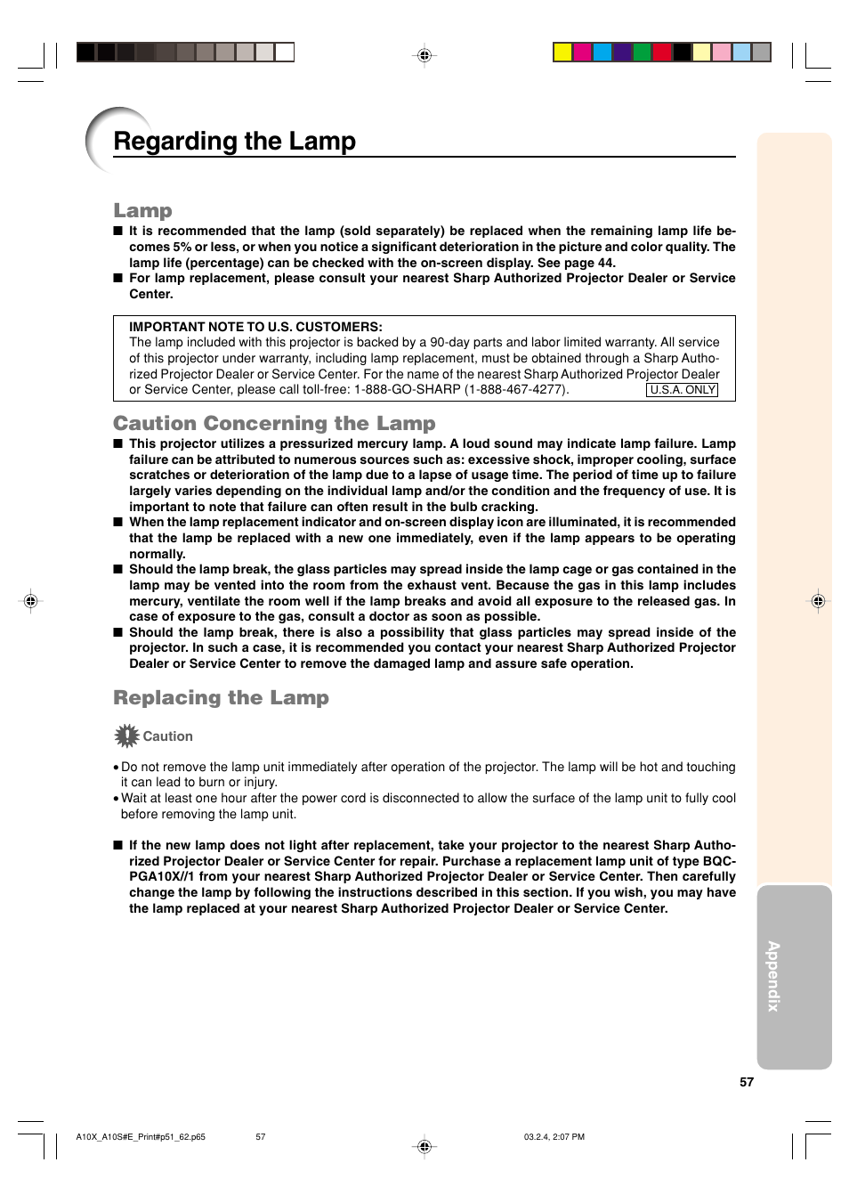 Regarding the lamp, Lamp, Caution concerning the lamp | Replacing the lamp | Sharp PG-A10S User Manual | Page 61 / 103