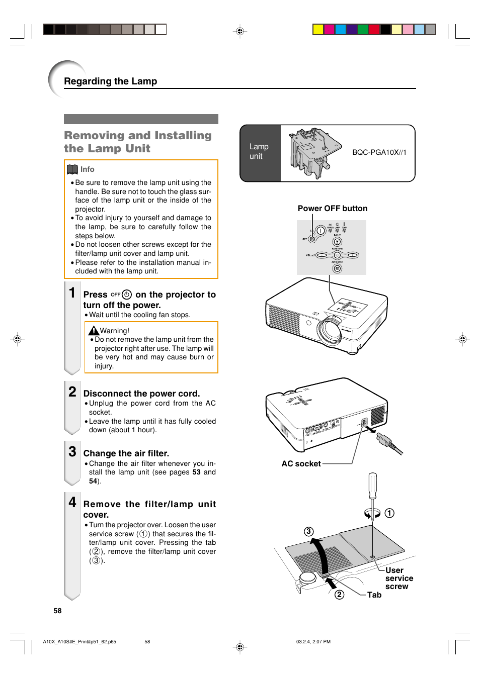 Removing and installing the lamp unit | Sharp PG-A10S User Manual | Page 62 / 103