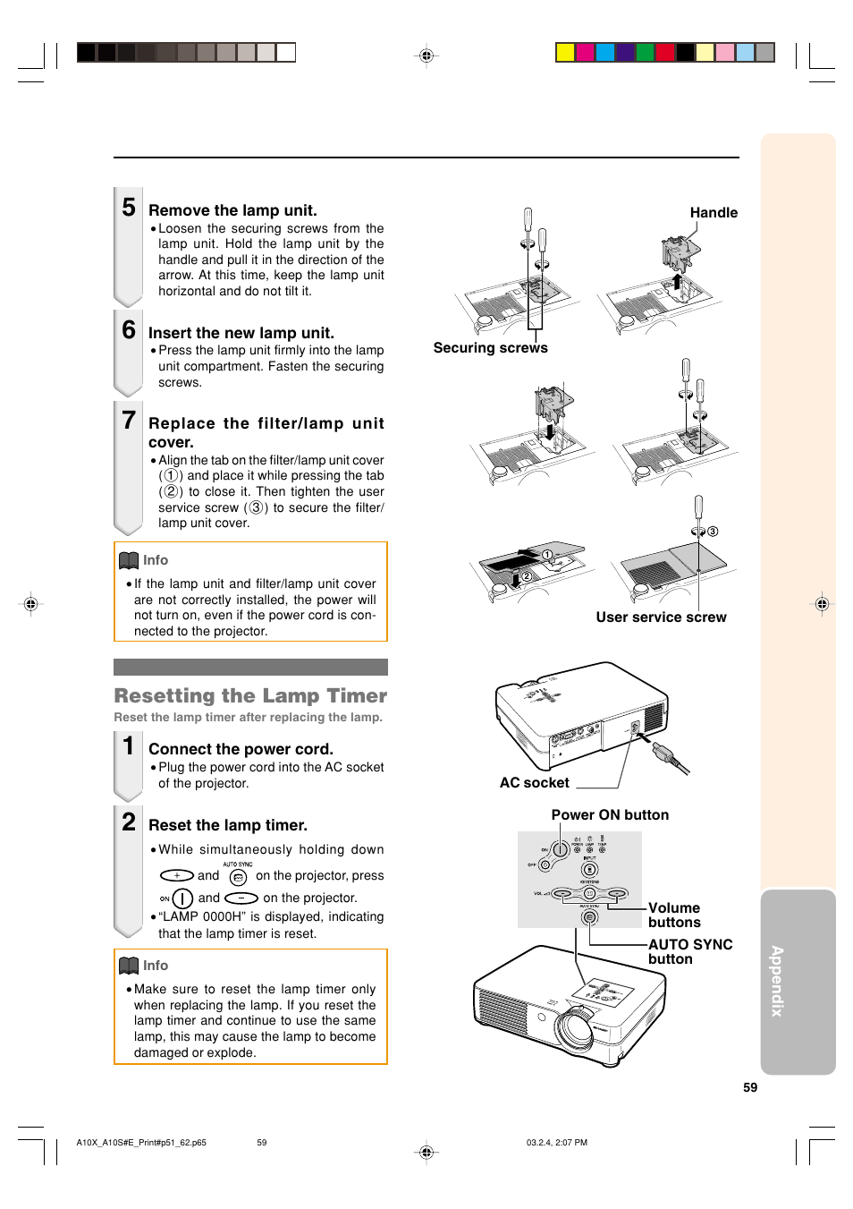 Resetting the lamp timer | Sharp PG-A10S User Manual | Page 63 / 103