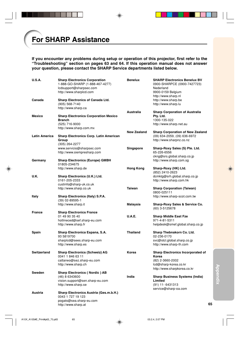For sharp assistance, Appendix | Sharp PG-A10S User Manual | Page 69 / 103