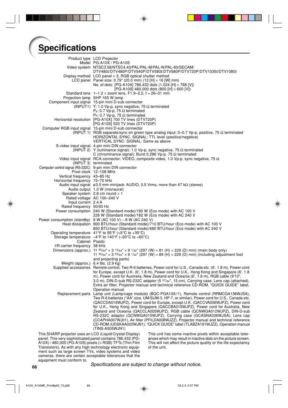 Specifications | Sharp PG-A10S User Manual | Page 70 / 103