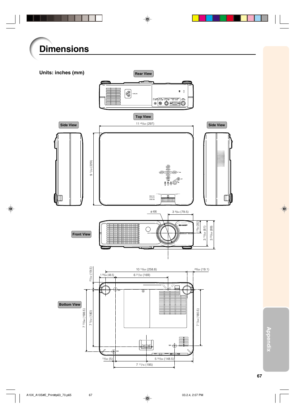 Dimensions, Appendix, Units: inches (mm) | Sharp PG-A10S User Manual | Page 71 / 103