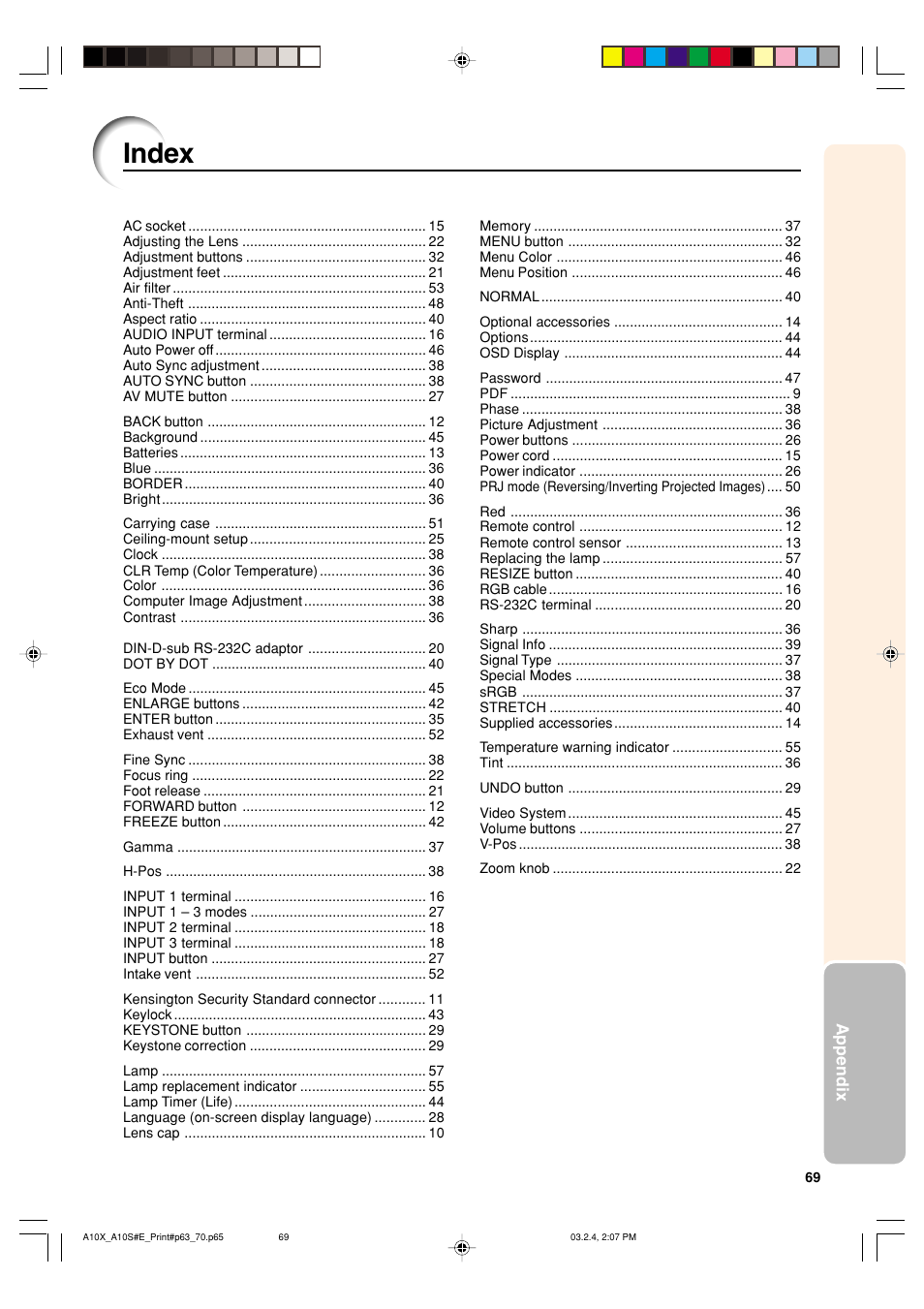 Index | Sharp PG-A10S User Manual | Page 73 / 103