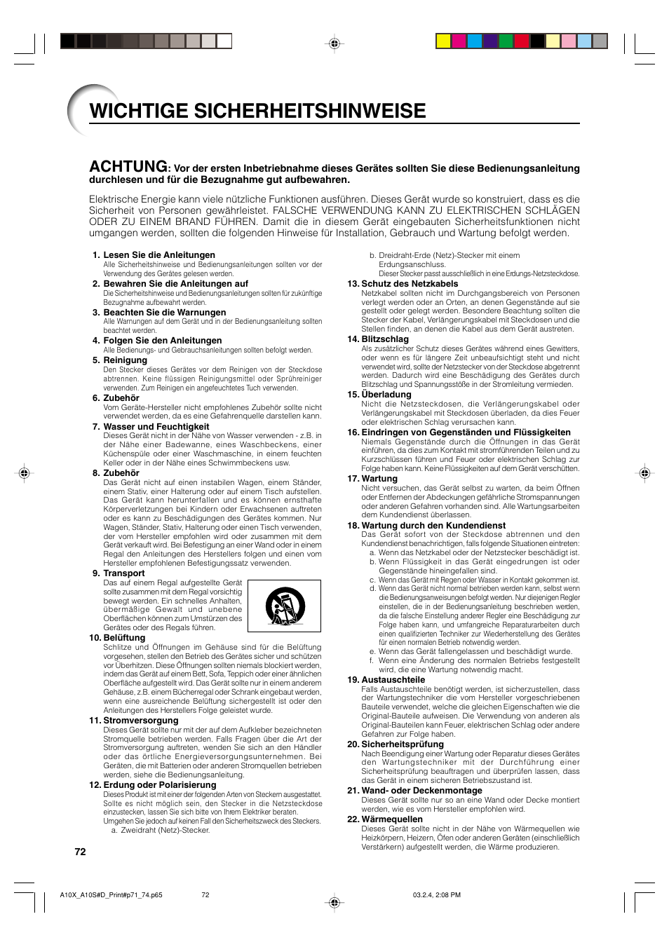 Wichtige sicherheitshinweise, Achtung | Sharp PG-A10S User Manual | Page 76 / 103