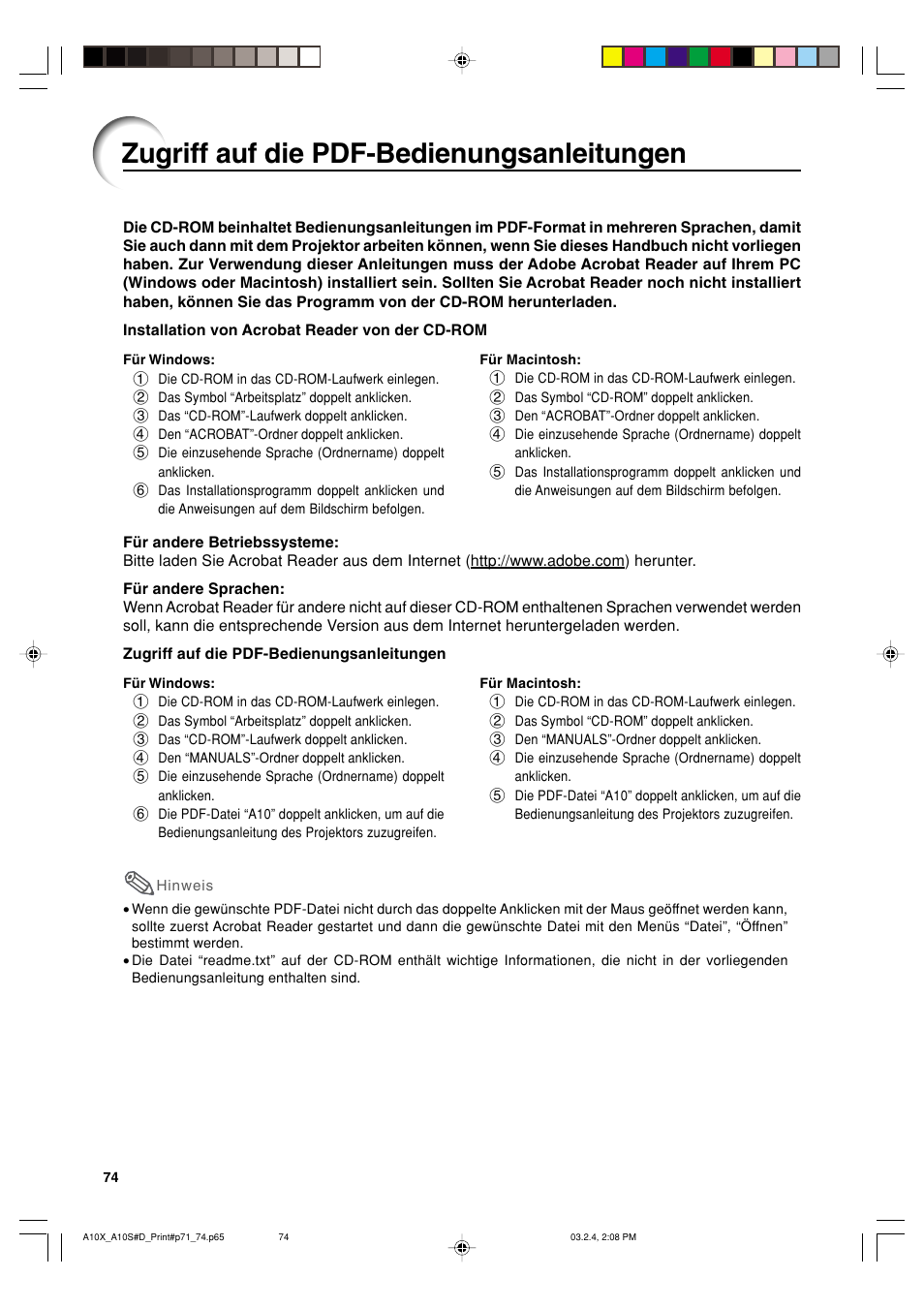 Zugriff auf die pdf-bedienungsanleitungen | Sharp PG-A10S User Manual | Page 78 / 103