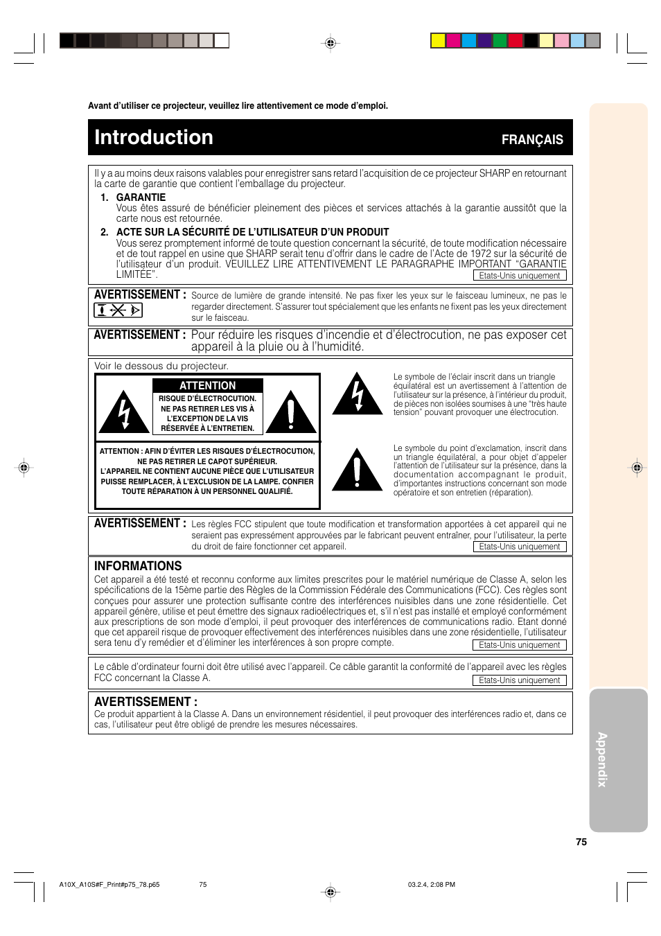 Introduction, Français, Informations | Avertissement | Sharp PG-A10S User Manual | Page 79 / 103