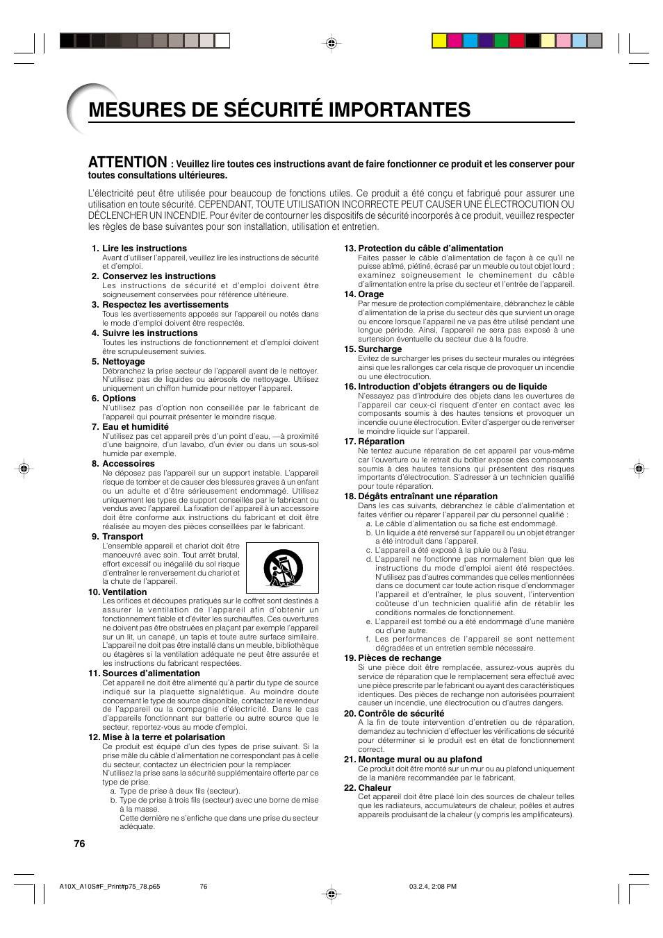 Mesures de sécurité importantes, Attention | Sharp PG-A10S User Manual | Page 80 / 103