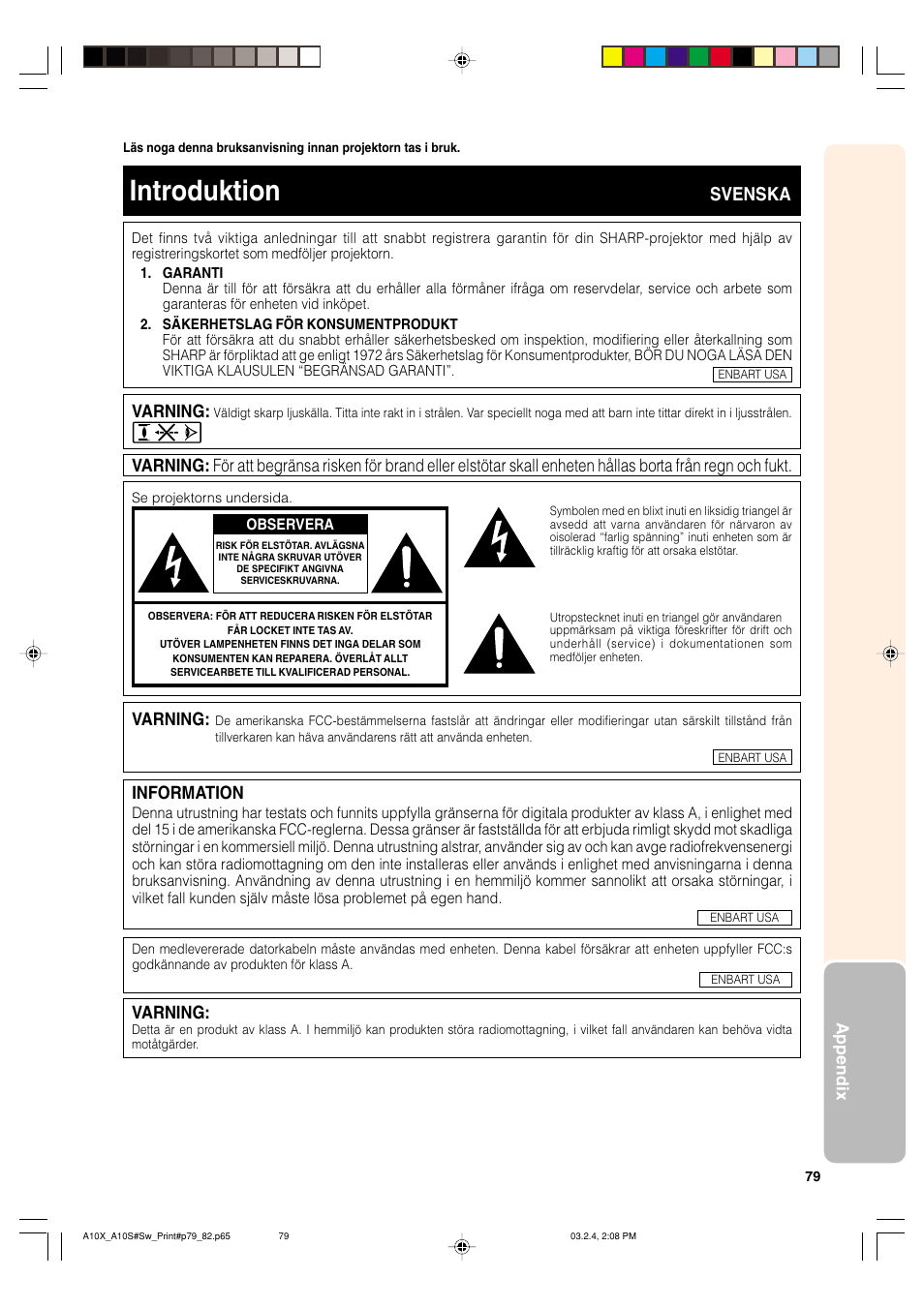 Introduktion, Svenska, Varning | Information | Sharp PG-A10S User Manual | Page 83 / 103