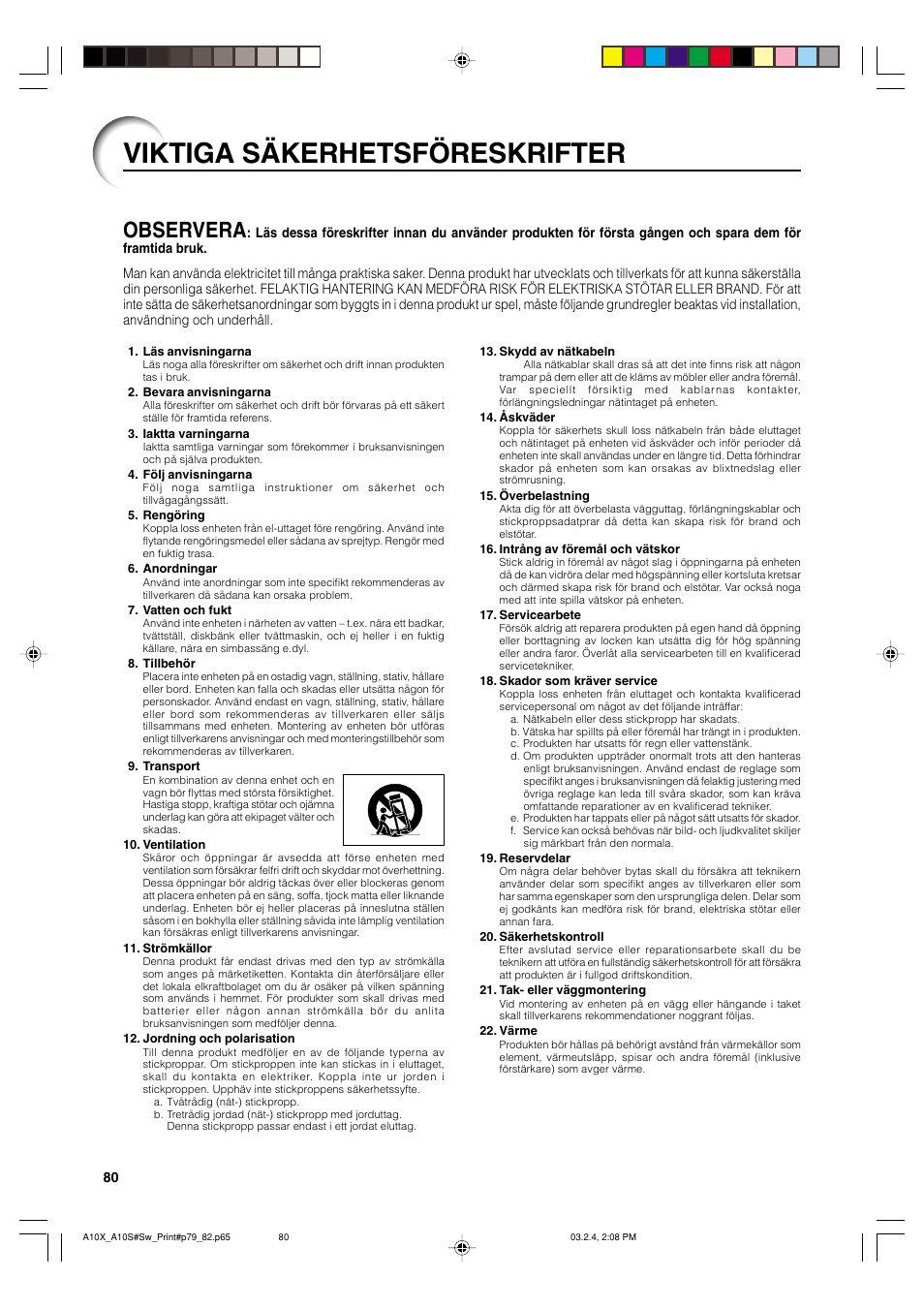 Viktiga säkerhetsföreskrifter, Observera | Sharp PG-A10S User Manual | Page 84 / 103