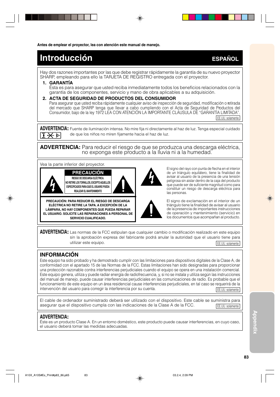 Introducción, Español, Advertencia | Información | Sharp PG-A10S User Manual | Page 87 / 103