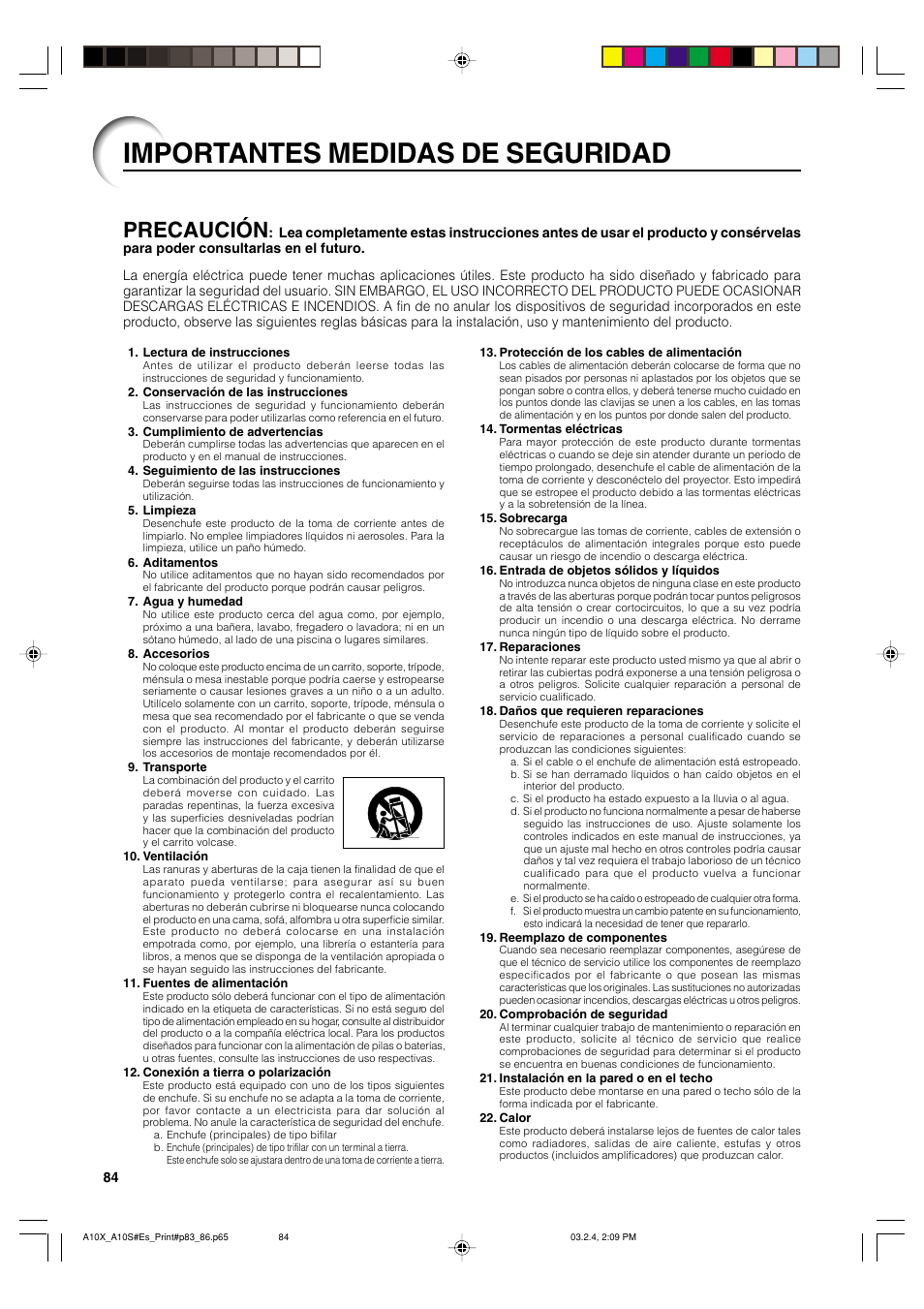 Importantes medidas de seguridad, Precaución | Sharp PG-A10S User Manual | Page 88 / 103