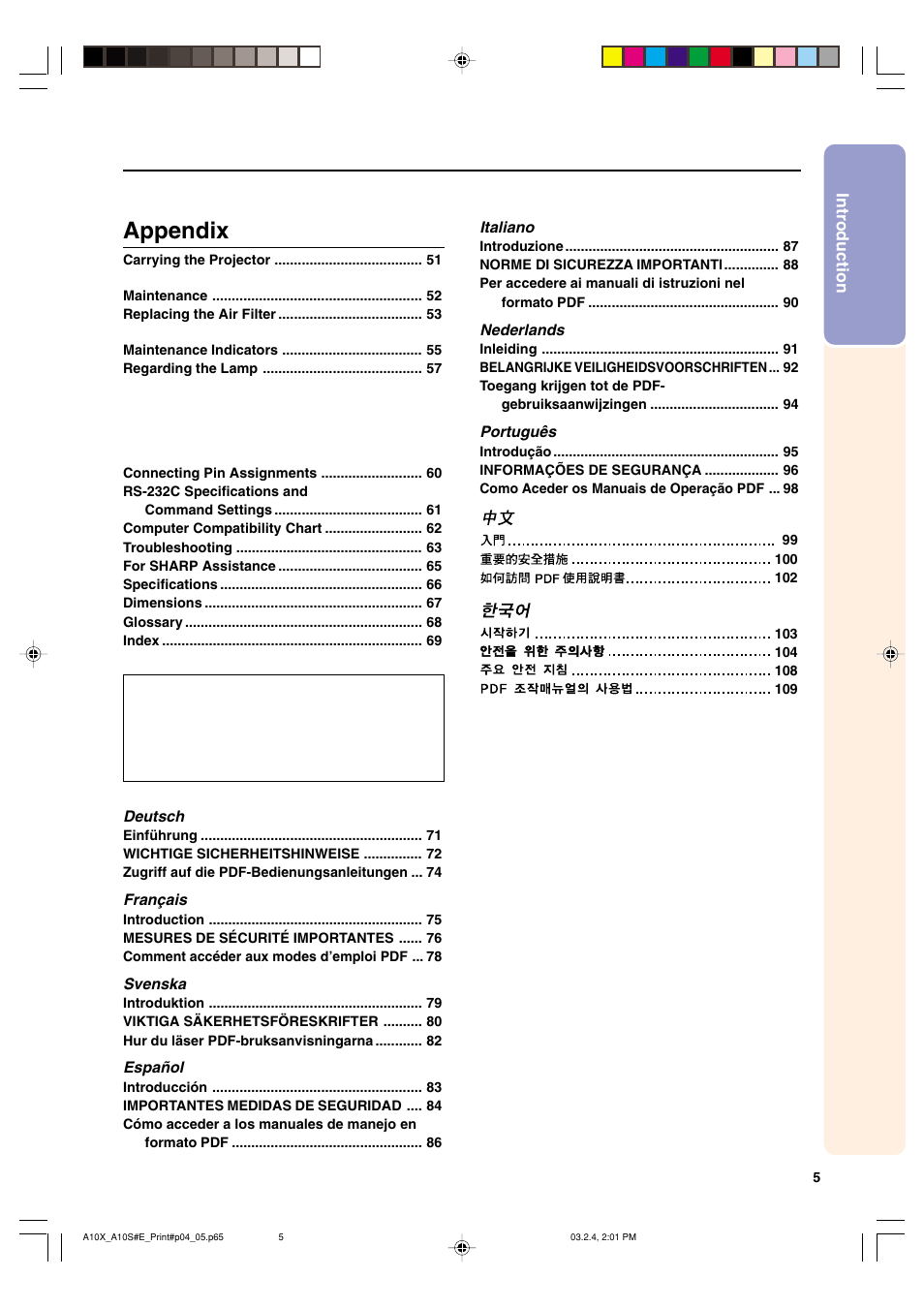 Appendix | Sharp PG-A10S User Manual | Page 9 / 103