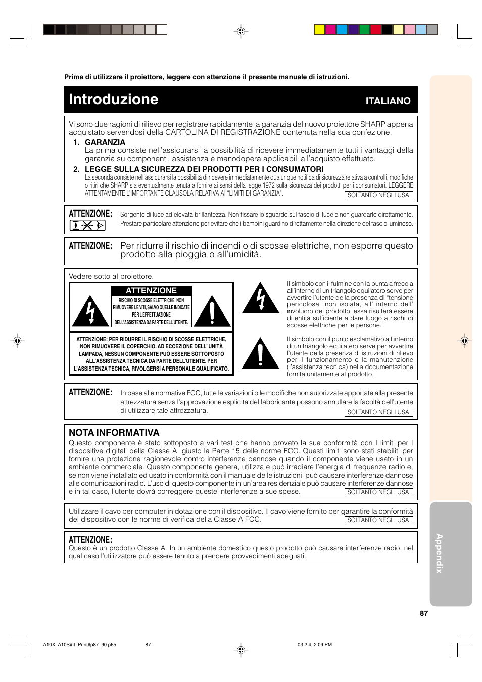 Introduzione, Italiano, Attenzione | Nota informativa | Sharp PG-A10S User Manual | Page 91 / 103