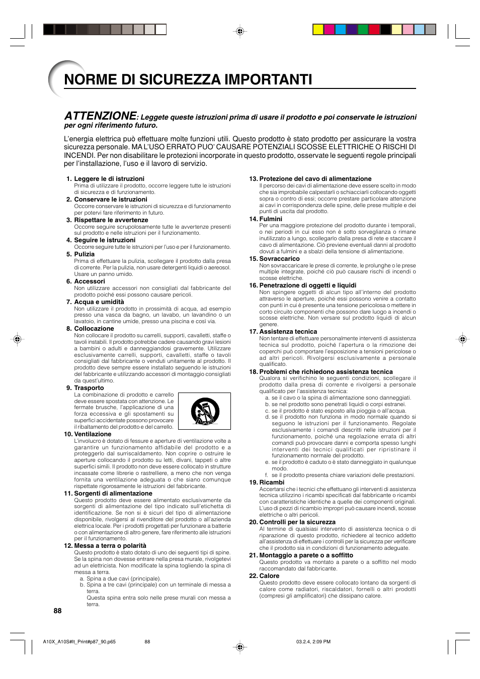 Norme di sicurezza importanti, Attenzione | Sharp PG-A10S User Manual | Page 92 / 103