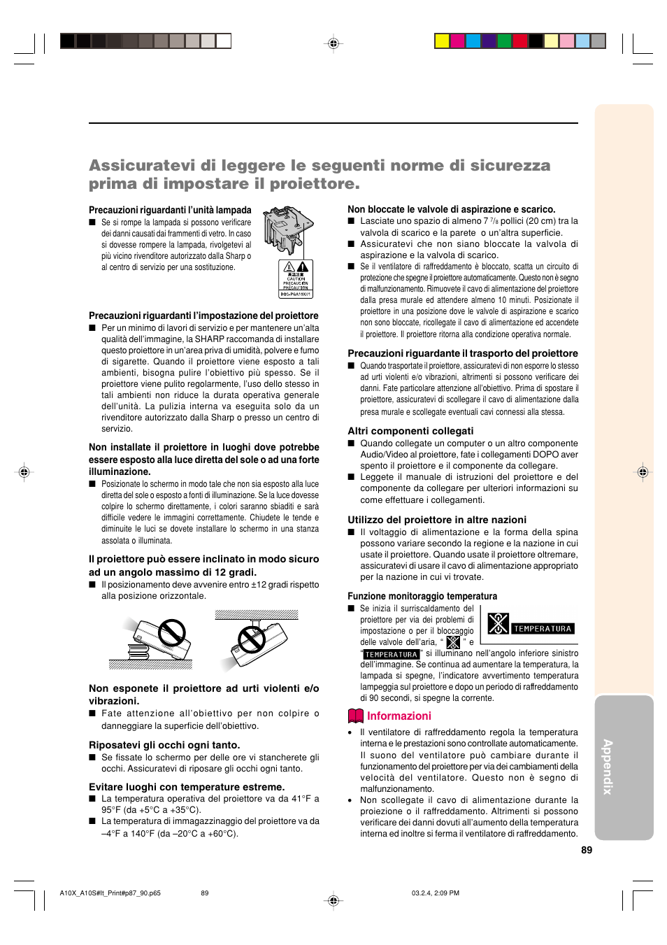 Appendix, Informazioni | Sharp PG-A10S User Manual | Page 93 / 103