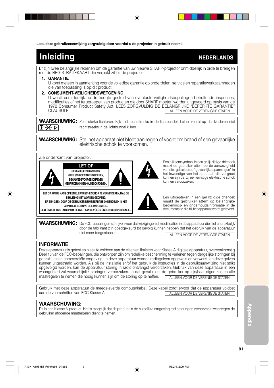 Inleiding, Nederlands, Informatie | Waarschuwing | Sharp PG-A10S User Manual | Page 95 / 103