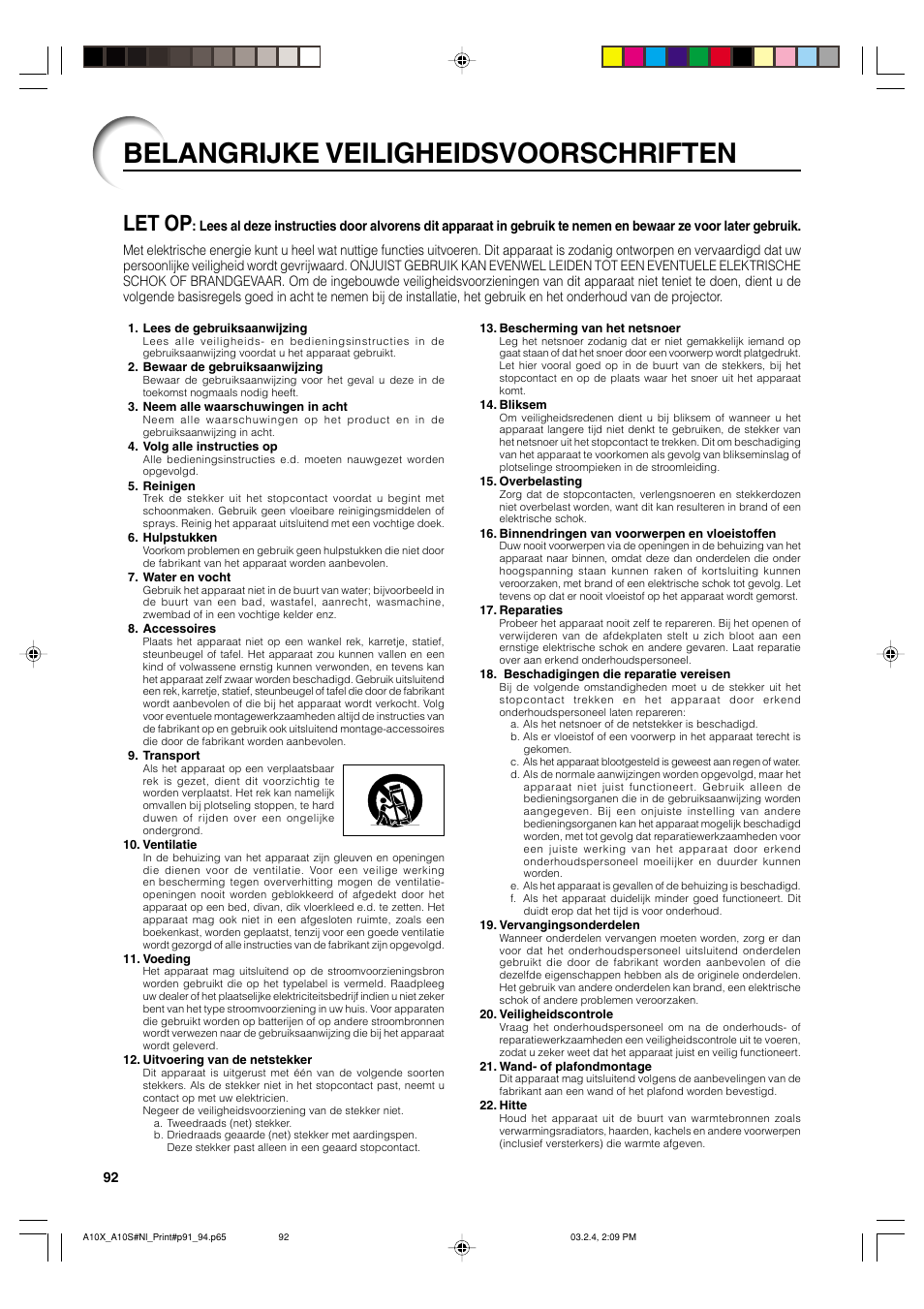 Belangrijke veiligheidsvoorschriften, Let op | Sharp PG-A10S User Manual | Page 96 / 103