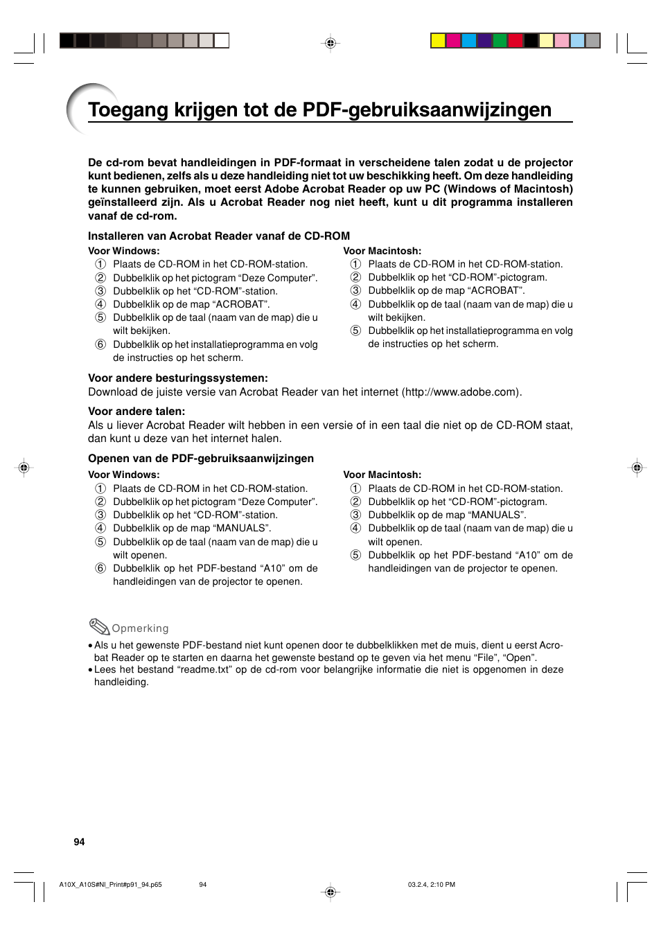 Toegang krijgen tot de pdf-gebruiksaanwijzingen | Sharp PG-A10S User Manual | Page 98 / 103