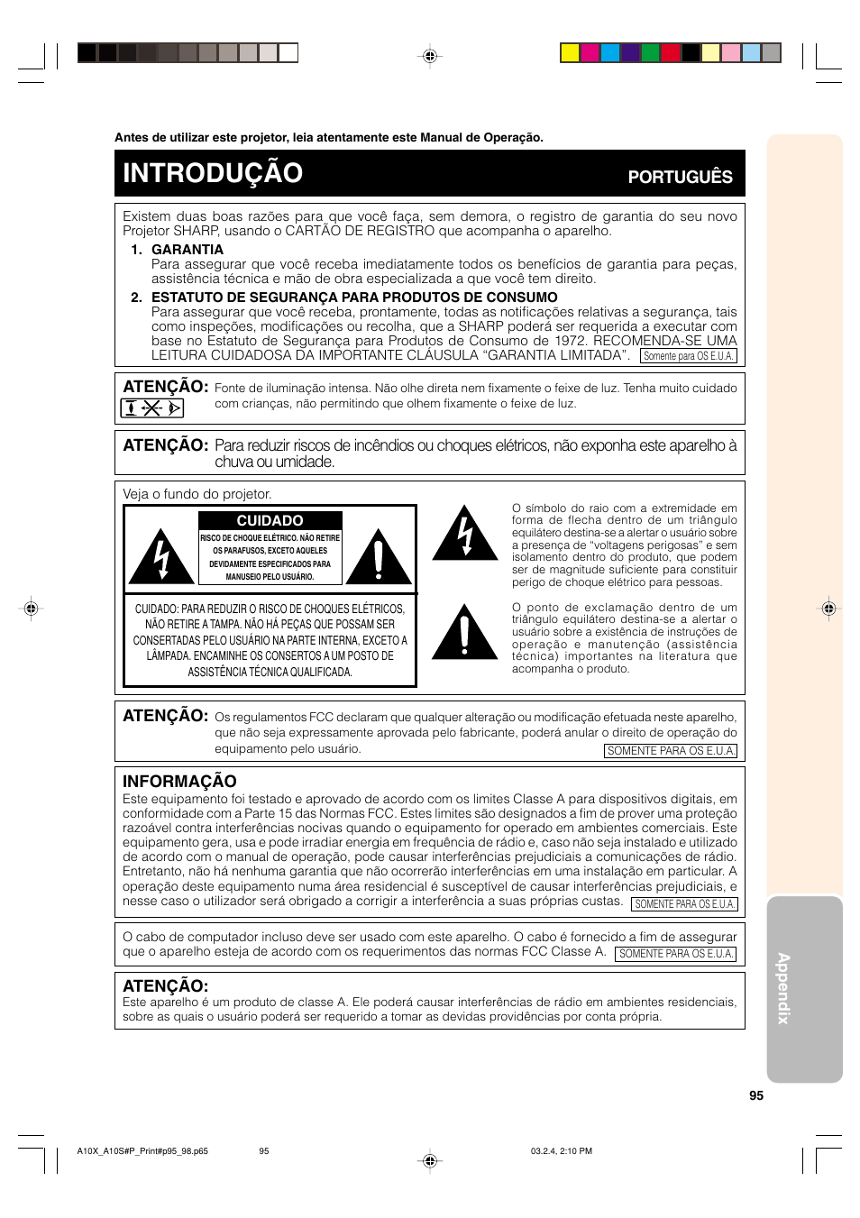 Introdução, Português, Atenção | Informação | Sharp PG-A10S User Manual | Page 99 / 103