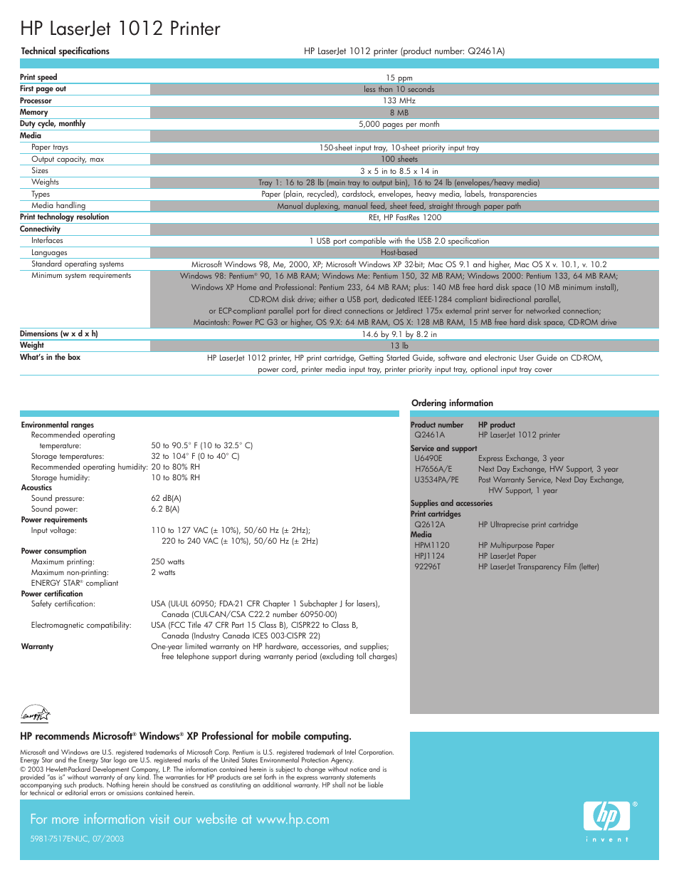 Hp laserjet 1012 printer, Hp recommends microsoft, Windows | Xp professional for mobile computing | Sharp LaserJet 1012 User Manual | Page 4 / 4
