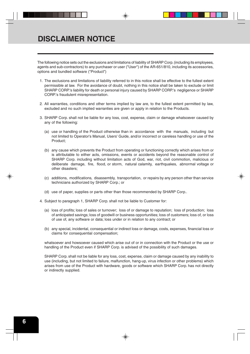 Disclaimer notice | Sharp AR-810 User Manual | Page 10 / 178