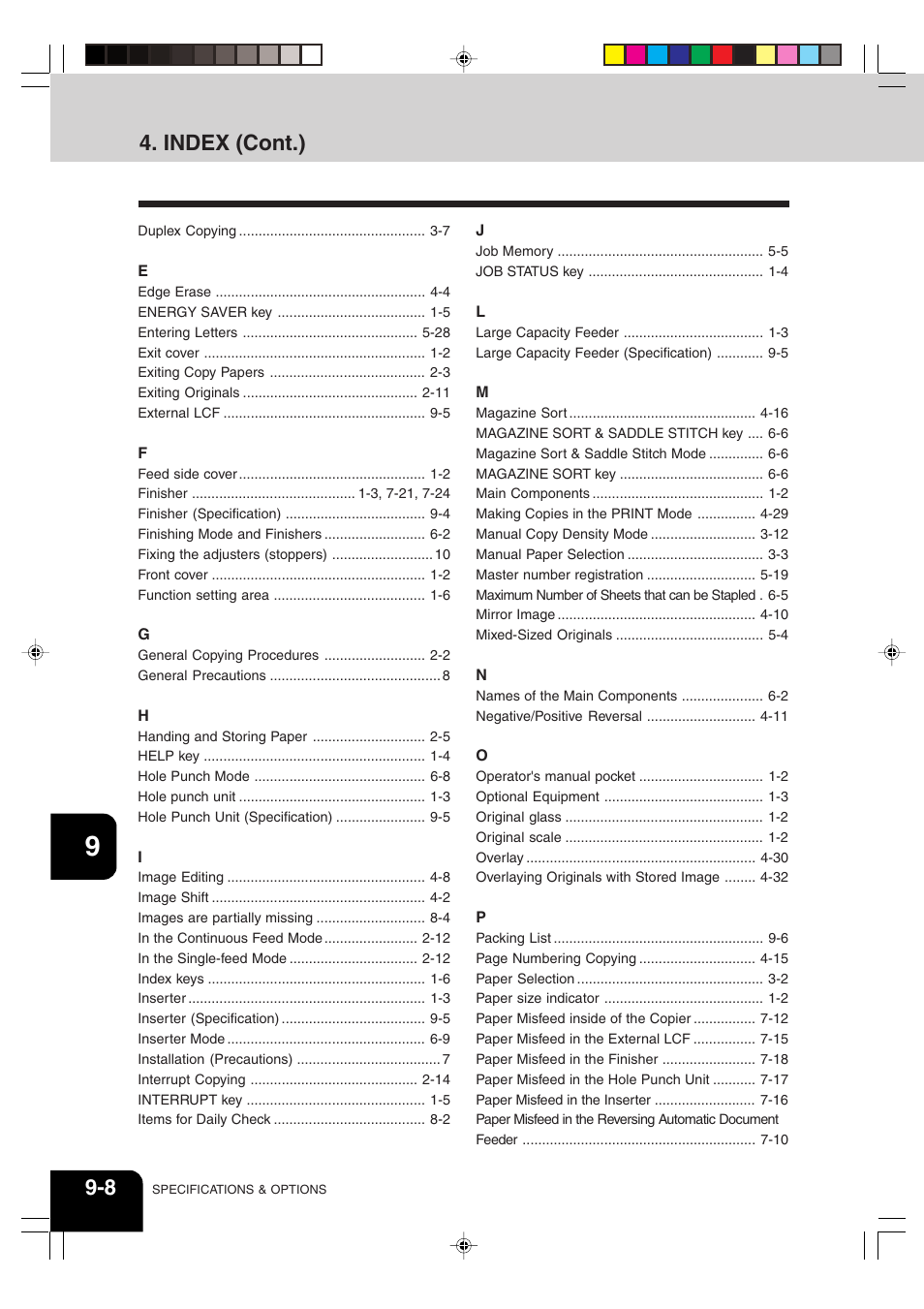 Index (cont.) | Sharp AR-810 User Manual | Page 174 / 178