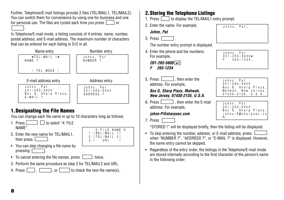 Designating the file names, Storing the telephone listings | Sharp YO-190 User Manual | Page 10 / 44