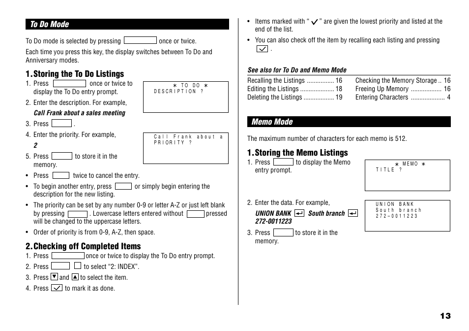 Storing the to do listings, Checking off completed items | Sharp YO-190 User Manual | Page 15 / 44