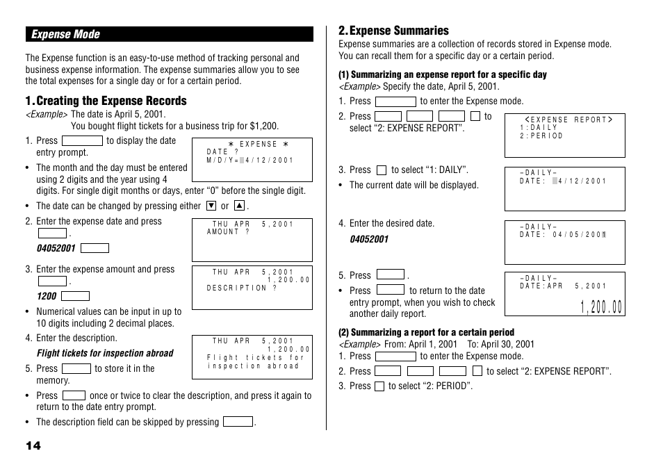 Expense mode, Creating the expense records, Expense summaries | Sharp YO-190 User Manual | Page 16 / 44