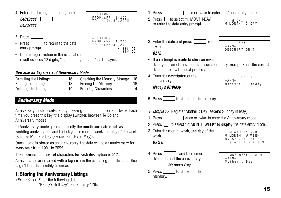 Anniversary mode, Storing the anniversary listings | Sharp YO-190 User Manual | Page 17 / 44