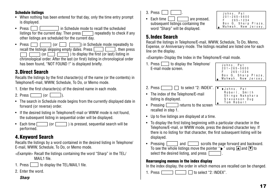 Direct search, Keyword search, Index search | Sharp YO-190 User Manual | Page 19 / 44