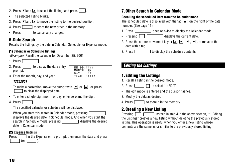 Date search, Other search in calendar mode, Editing the listings 1.editing the listings | Creating a new listing | Sharp YO-190 User Manual | Page 20 / 44