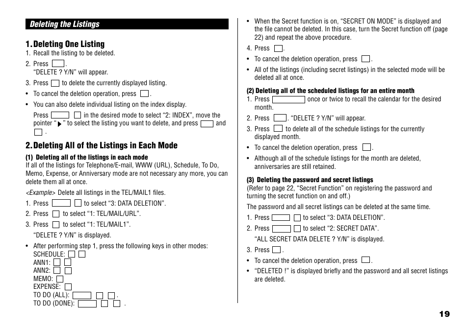 Deleting the listings 1.deleting one listing, Deleting all of the listings in each mode | Sharp YO-190 User Manual | Page 21 / 44