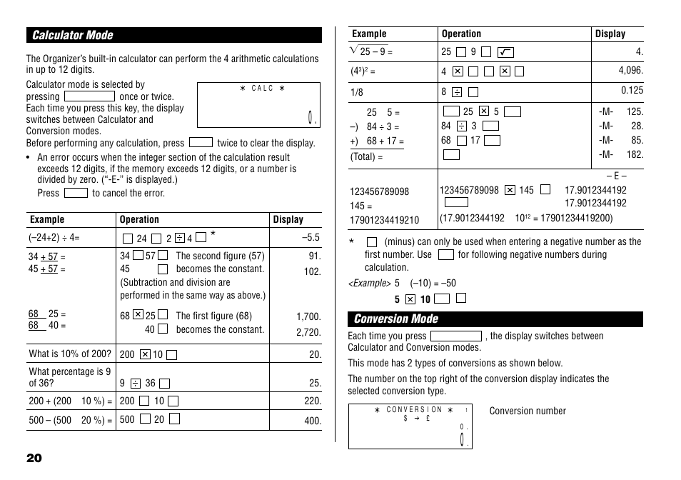 Calculator mode, Conversion mode | Sharp YO-190 User Manual | Page 22 / 44