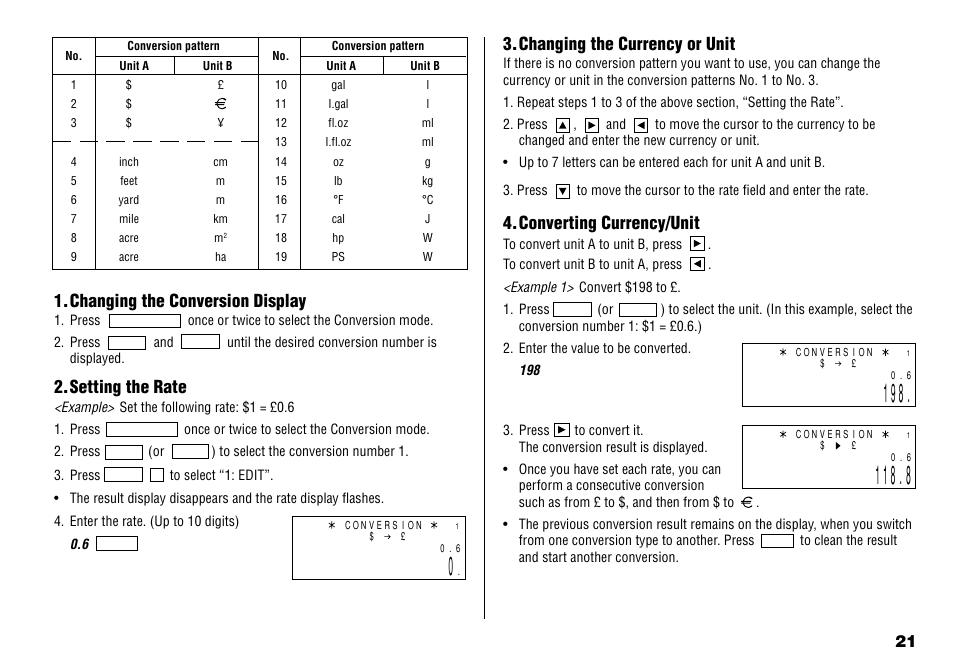 Changing the conversion display, Setting the rate, Changing the currency or unit | Converting currency/unit | Sharp YO-190 User Manual | Page 23 / 44