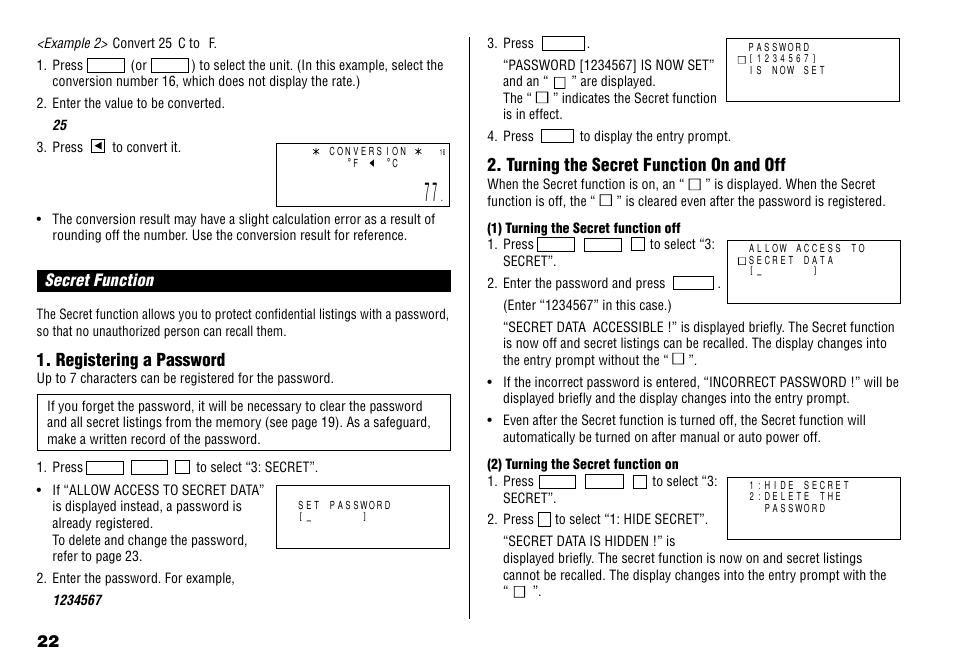 Secret function, Registering a password, Turning the secret function on and off | Sharp YO-190 User Manual | Page 24 / 44