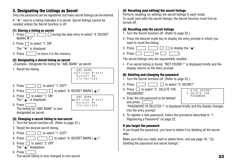 Designating the listings as secret | Sharp YO-190 User Manual | Page 25 / 44