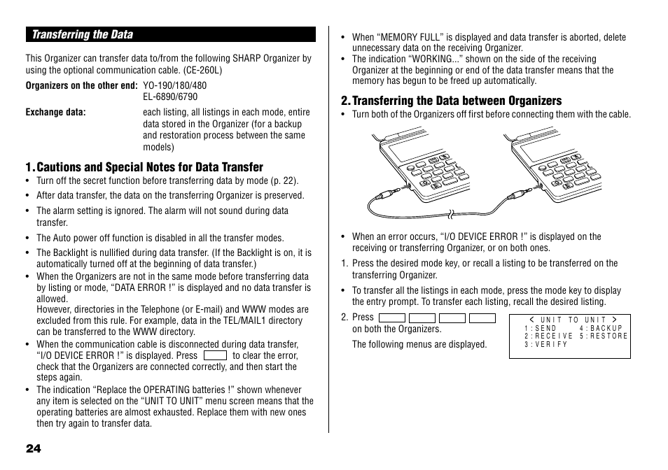 Transferring the data, Transferring the data between organizers | Sharp YO-190 User Manual | Page 26 / 44