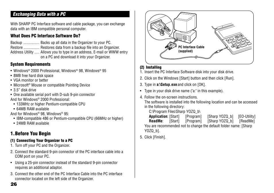 Exchanging data with a pc, Before you begin, What does pc interface software do | System requirements | Sharp YO-190 User Manual | Page 28 / 44