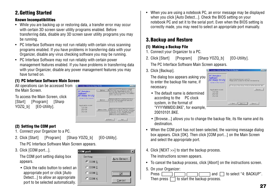 Backup and restore, Getting started | Sharp YO-190 User Manual | Page 29 / 44