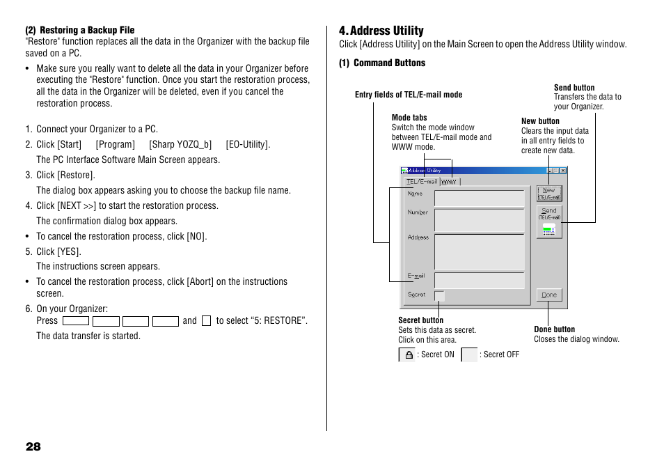 Address utility | Sharp YO-190 User Manual | Page 30 / 44