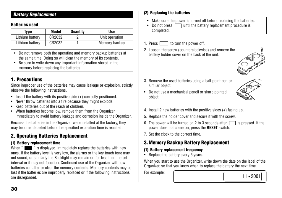 Battery replacement, Precautions, Operating batteries replacement | Sharp YO-190 User Manual | Page 32 / 44