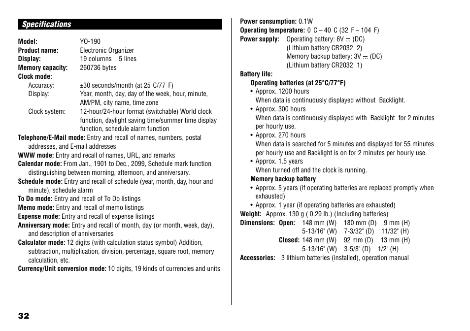 Specifications | Sharp YO-190 User Manual | Page 34 / 44