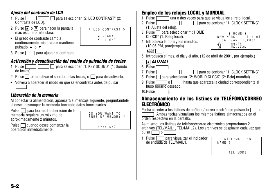 Empleo de los relojes local y mundial, Ajuste del contraste de lcd | Sharp YO-190 User Manual | Page 36 / 44