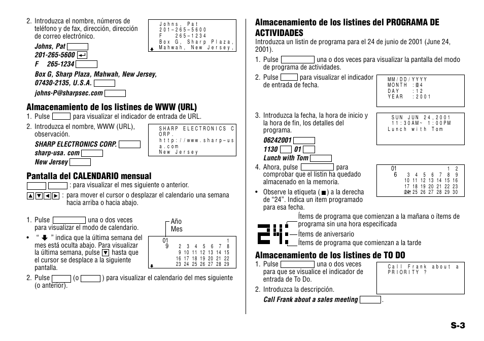 Pantalla del calendario mensual, Almacenamiento de los listines de to do | Sharp YO-190 User Manual | Page 37 / 44