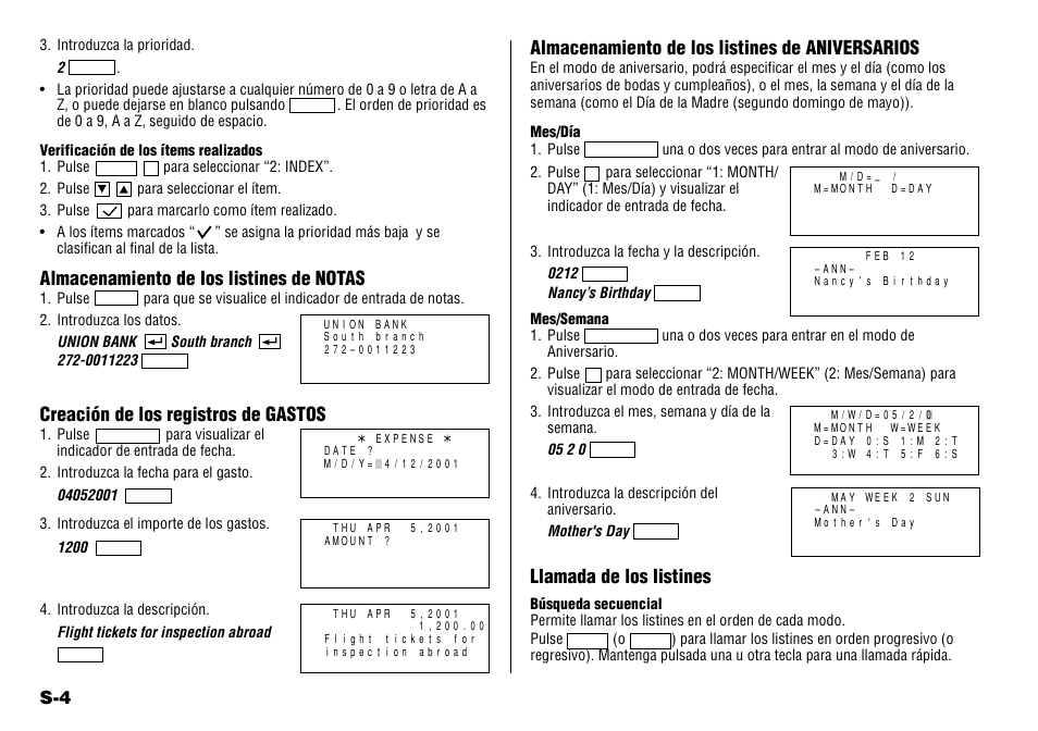 Almacenamiento de los listines de notas, Creación de los registros de gastos, Almacenamiento de los listines de aniversarios | Llamada de los listines | Sharp YO-190 User Manual | Page 38 / 44