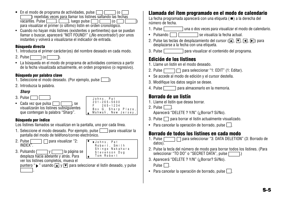 Edición de los listines, Borrado de un listín, Borrado de todos los listines en cada modo | Sharp YO-190 User Manual | Page 39 / 44